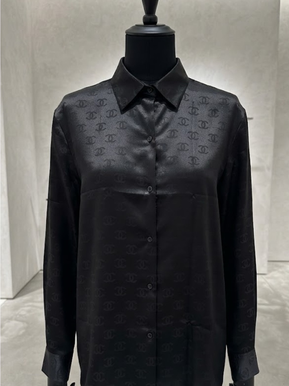 New. Black Satin Logo-Print Button-Down Shirt